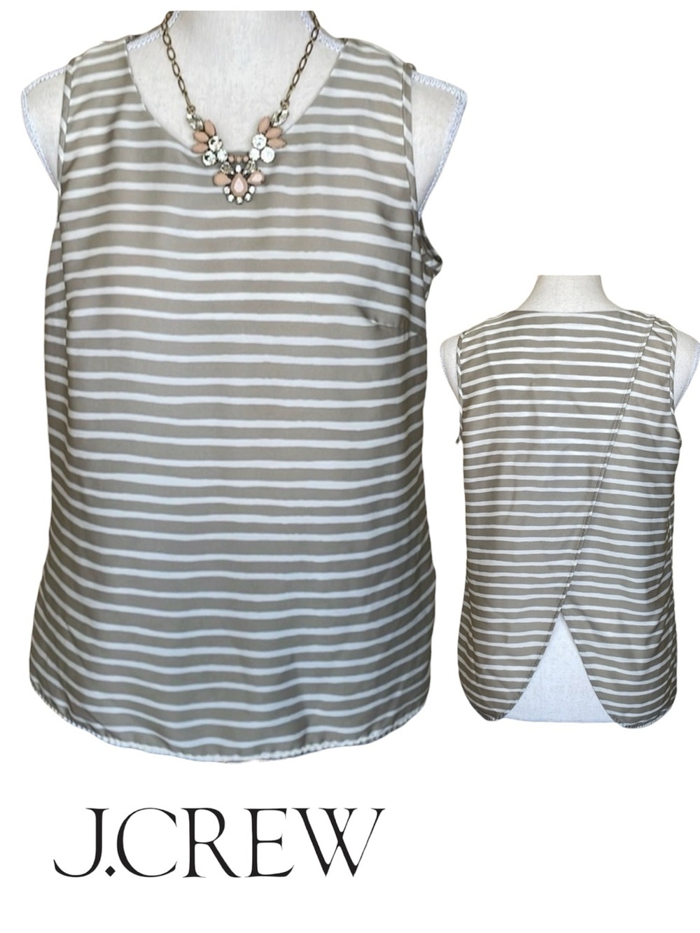 J Crew Tan & Ivory Stripe Tank Round Neck Preppy Tulip Back